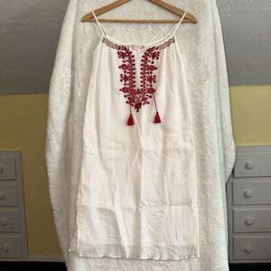 Pink Chicken White Red Embroidered‎ Dress XS Gauzy Cotton Boho Coastal Beach